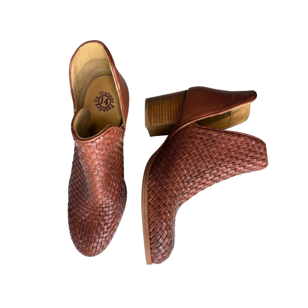 Vintage Foundry Co Woven Leather Cutout Ankle Boots Cognac Brown 8 Intrecciato